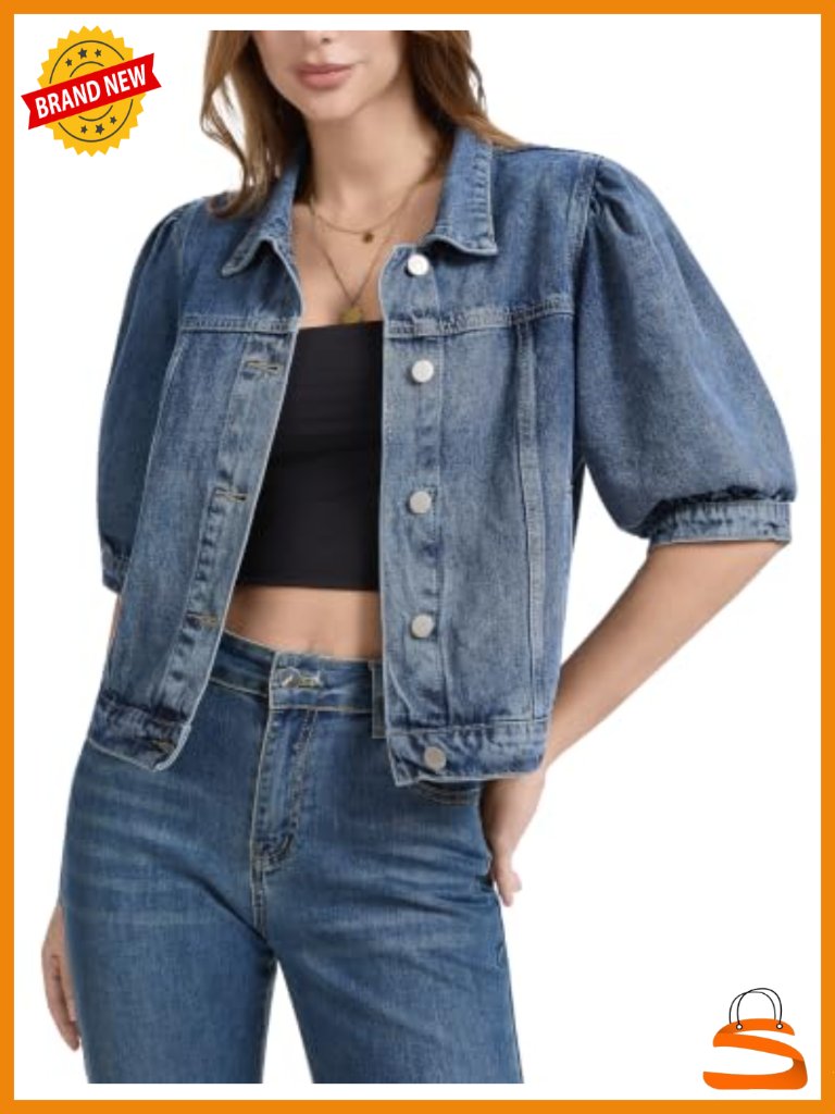 Cropped Denim Jacket With Puff Sleeves & Pockets